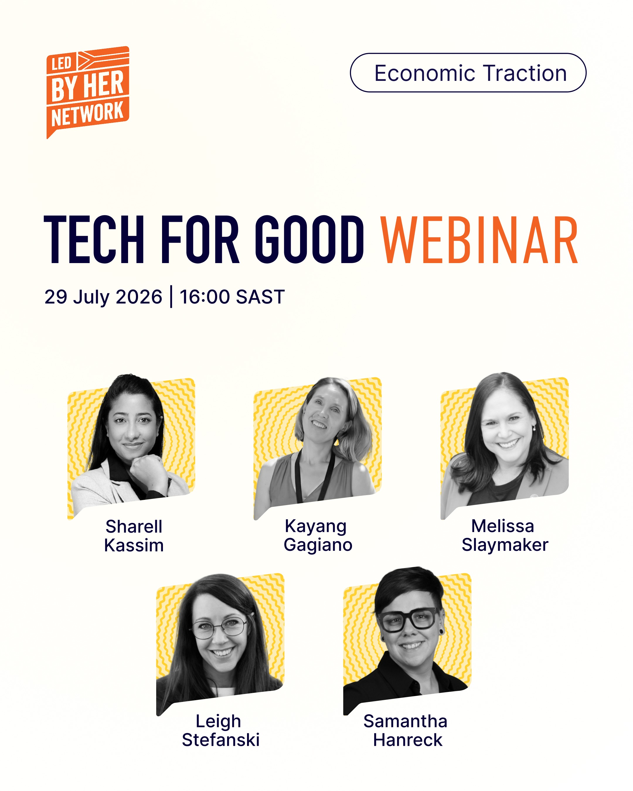 Join us for a meaningful conversation around building smarter, building inclusively, and building technology that genuinely moves the needle, for customers, communities, and economies.
Led by Her presents: Tech For Good, Female Founders Harnessing the Power of Tech.
Four South African women sit down to share what it actually takes to build technology that works.
Themes: gender equity in capital, design as disruption, AI in practice, and tech-enabled access to education.
Hosted by Sharell Kassim.
#TheLekkerNetwork #LedByHer #TechForGood #WomenInTech