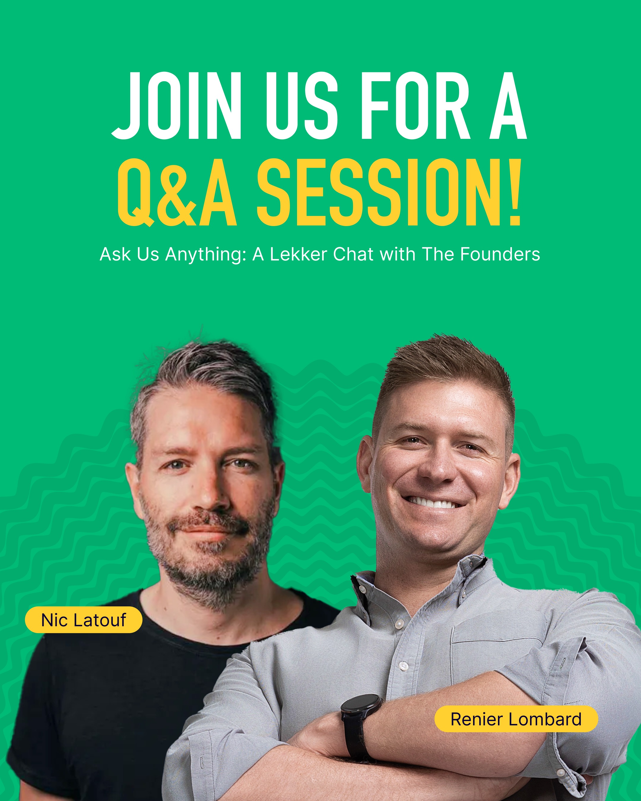 Curious about The Lekker Network?
Join founders Nic Latouf and Renier Lombard for an informal Q&A about membership, benefits, and everything we're building.
📍 Location: Online (Google Meet) | Link will be sent to you
📅 Date: Wednesday, 22 July 2026
⏰ Time: 09:00 - 10:00 SAST
We’ll cover what The Lekker Network is (and isn't), as well as membership benefits, features, and everything we’re building.
This is a virtual session on Zoom. Open to everyone, members, prospective members, and anyone curious to learn more about us.
Join us for an open conversation about what we're building and whether it's right for you.
Register through our website.
See you there.
#TheLekkerNetwork #Membership #ProudlySouthAfrican #Community