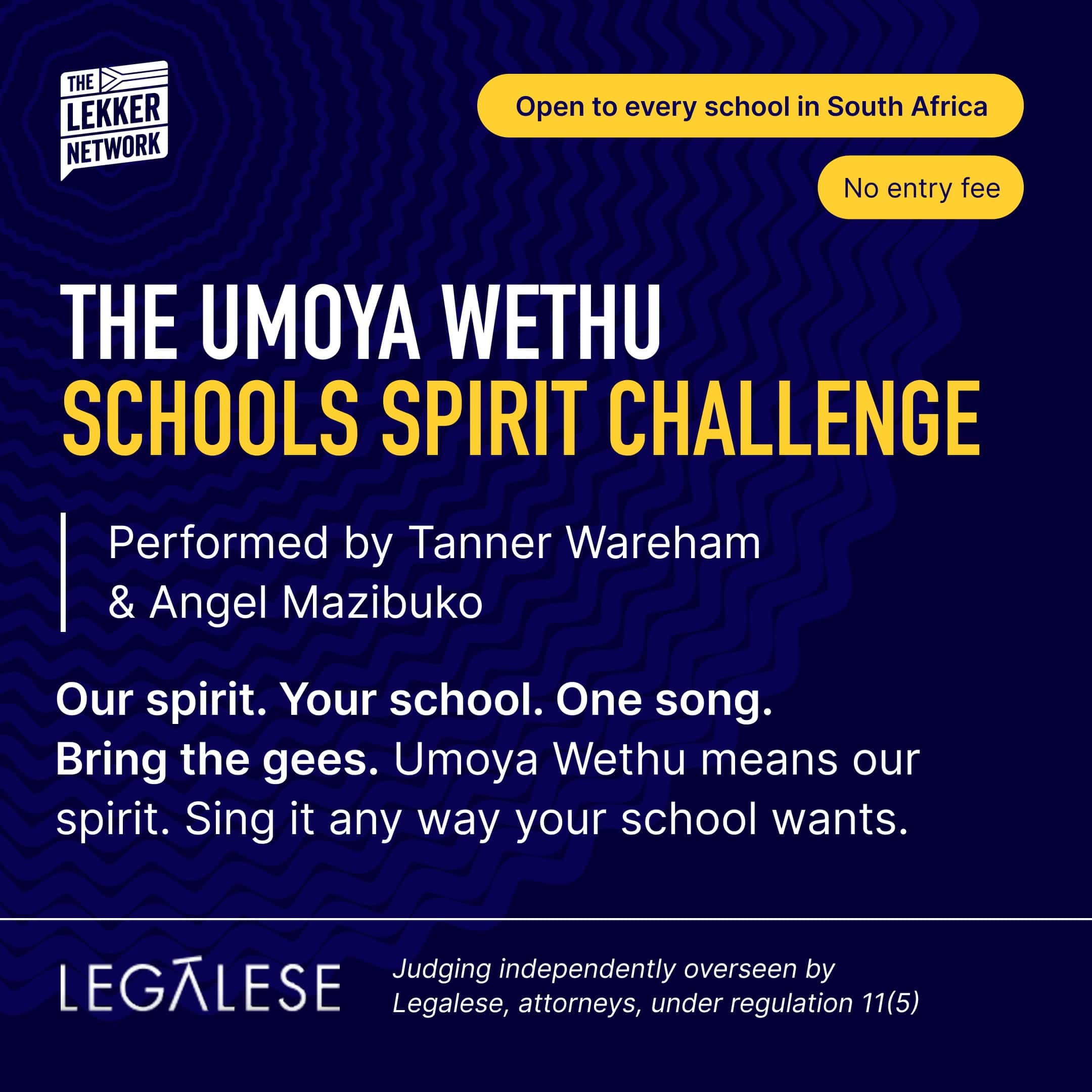 A song does not belong to the people who made it. It belongs to the people who sing it.
Earlier this year, we launched Umoya Wethu at our annual summit in Cape Town. Performed by Tanner Wareham and Angel Mazibuko.
Then something happened that we did not plan. School choirs around the country started singing it. So now we are handing it over properly. Today, we are opening the Umoya Wethu Schools Spirit Challenge to every school in South Africa.
Sing it any way you want. Any age group, any size, any language. Note for note, or nothing like the original.
The winning school gets R50,000, sponsored by Nolands. They can use it for their music and arts, or to start a programme if they do not have one, plus a visit from Tanner Wareham, and a feature across all our platforms.
How to enter: post your video on two platforms, one of them LinkedIn, tag The Lekker Network, use #UmoyaWethuChallenge, name the song and the performers in the post, then email both links to competitions@thelekkernetwork.com.
Entries officially close on the 31st of March 2027.
Judged by Tanner Wareham, Angel Mazibuko, and the four co-founders of The Lekker Network.
Full rules in the comments. Principals and teachers, please share this with other schools.
#UmoyaWethuChallenge #BringTheGees #TheLekkerNetwork